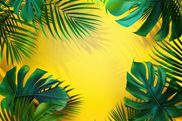 Sticker - A yellow background with green leaves surrounding it. The leaves are large and green, and they are arranged in a way that creates a sense of depth and movement. Scene is one of relaxation