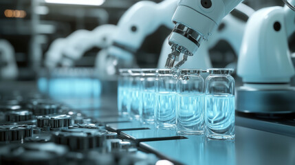 A robot is pouring liquid into a row of clear glass jars