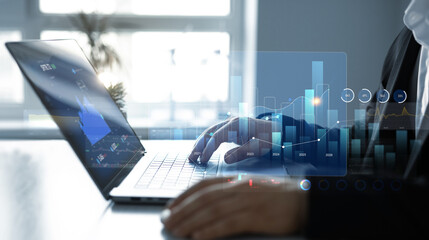 Leinwandbilder - Business arrow chart diagram, growth strategy and achieving goals with the rising arrow.Business strategy development and efficiency growthGrowing graph and annual report for a successful development.
