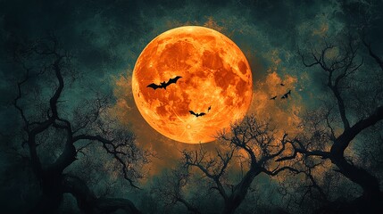 Wall Mural - eerie halloween full moon, bats flying, twisted tree silhouettes, dark sky, spooky night