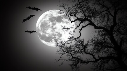 Wall Mural - eerie halloween full moon, bats flying, twisted tree silhouettes, dark sky, spooky night