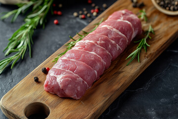  a fresh raw pork tenderloin on a wooden board, placed on a natural slate table. suitable for a supermarket poster