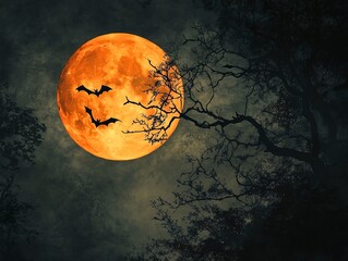 Wall Mural - eerie halloween full moon, bats flying, twisted tree silhouettes, dark sky, spooky night