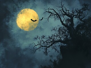 Wall Mural - eerie halloween full moon, bats flying, twisted tree silhouettes, dark sky, spooky night