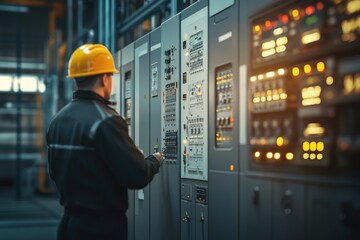 Wall Mural - Electrical engineer inspects and commissions control panels in industrial settings.