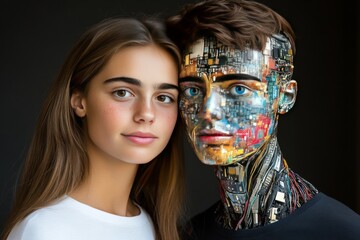 Sticker - Machine perception genetic algorithms augmented intelligence neuroprosthetics and brain mapping young woman and robotic figure side by side symbolizing the human and ai coexistence in the future