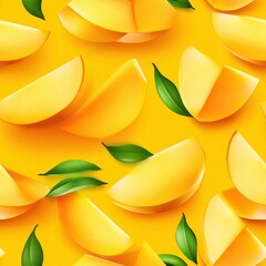 Wall Mural - Fresh Mango Slices and Green Leaves on Yellow Background