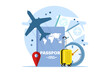 © FAHMI - concept of traveling by plane, planning a trip with summer vacation concept. Business trip with passport and travel bag. Online tickets, travel booking and services.