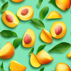 Wall Mural - Fresh Peach Slices and Green Leaves on Turquoise Background