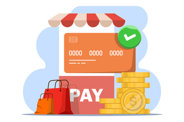 Online payment security concept, Smartphone with debit card, gold coins, paper bag on isolated background, digital marketing, Flat illustration.