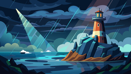 Wall Mural - Vector storm sea night illustration. Lighthouse on cliff spotlight beam for navigation in ocean with cloud, rain and thunderstorm tempest. Crest and foam water dark dramatic cartoon background.