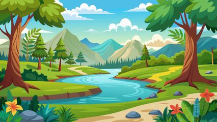 Nature background with lake in forest. Spring landscape with trees, river or pond and green grass on shore. Jungle, woods or park scenery, vector cartoon illustration