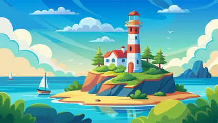 Wall Mural - Lighthouse on island in sea vector landscape scene. Light house on peaceful ocean cliff coast view. Beacon tower building on seashore for navigation. Nautical sunny summer graphic design with cloud