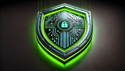 a glowing shield with a lock symbol at its center, representing digital security and protection. Green Shield 