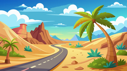 Sand desert road view palm tree landscape scene landscape background. Cartoon australian summer valley with path tropical design vector illustration. Empty straight pathway and dunes terrain picture