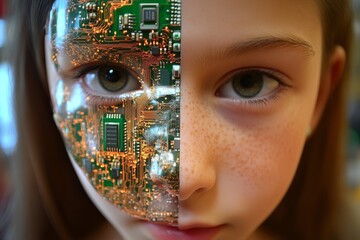 Poster - Holographic computing neural networks digital twins neural encoding and robotic automation close up of a child with half his face as circuitry symbolizing cognitive ai augmentation