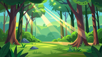 Wall Mural - Deep forest with sunny glade, green grass and tree trunks silhouettes. Vector cartoon illustration of summer woods landscape with sunshine beams. Jungle panorama with green lawn