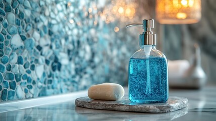 Elegant blue liquid soap bottle with marble background and soft lighting