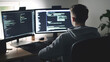 © Nataliia - Programmer working on code with dual monitors in a dimly lit room, focusing on software development and coding