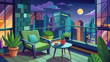 Night balcony with green home garden and armchair for relax. Cartoon dark terrace with glass railings and high-rise buildings around, and bright cozy living room with furniture and potted plants.