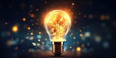 Wall Mural - A light bulb is lit up and surrounded by a blurry background. The light bulb is glowing brightly and he is a symbol of creativity and innovation