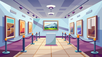 Wall Mural - Art gallery empty 3d room with white walls, floor and illumination lamps around perimeter. Museum interior for collection presentation, photography contest exhibition hall, Realistic vector mock up