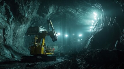 Wall Mural - A large yellow excavator is in a tunnel with other machines