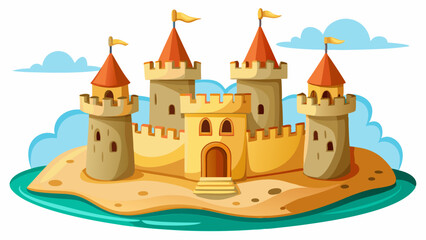 Sand castles set isolated on white background. Vector cartoon illustration of beach sculptures in shape of medieval fortress with towers, childhood fun, fairytale architecture, resort design elements