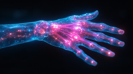 9. A detailed illustration of the wrist joint, showing the connection between the bones and tendons, in a vibrant, almost sci-fi color palette with glowing highlights 