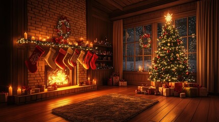 A cozy living room with a Christmas tree and a fireplace