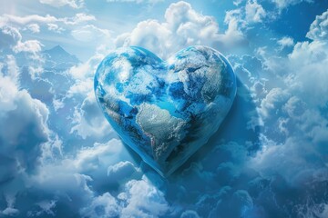 Canvas Print - A heart made of the earth is floating in the sky. The blue color of the heart and the sky creates a sense of peace and tranquility