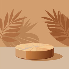 Sticker - 3D wooden platform on beige wall background with exotic leaf shadow. Vector realistic illustration of round podium for organic cosmetics presentation, beauty product pedestal mockup, display ad