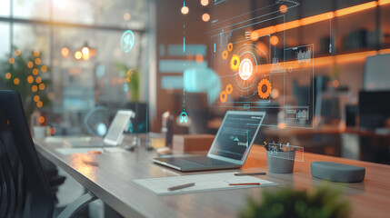 Wall Mural - digital process to increase work productivity concept visualization through virtual display of icons