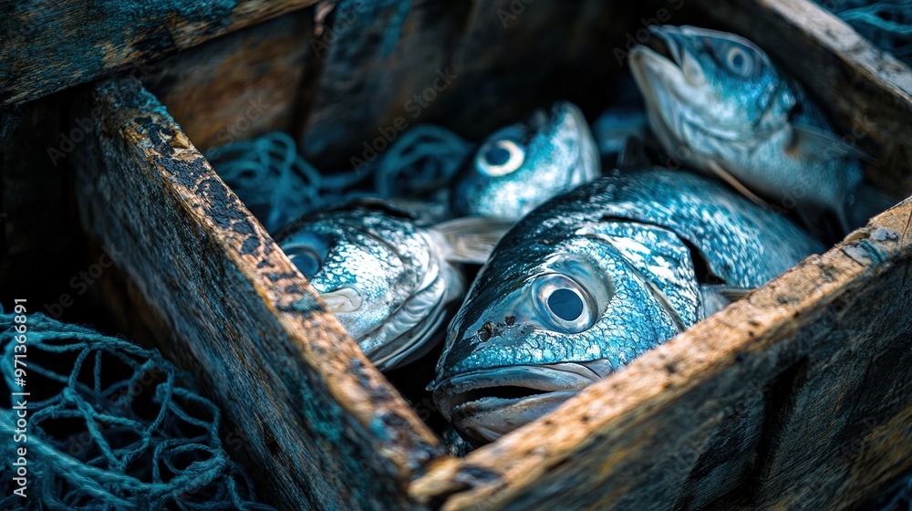 Fresh fish in a crate with blue fishing nets Stock Photo | Adobe Stock