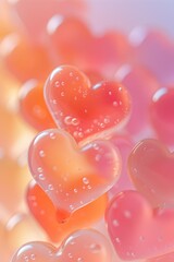 Wall Mural - A close up of many hearts in a pinkish orange color. The hearts are all different sizes and are floating in the air. Concept of love and warmth, as the hearts are all connected