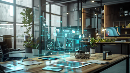Wall Mural - digital process to increase work productivity concept visualization through virtual display of icons