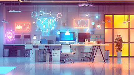 Wall Mural - digital process to increase work productivity concept visualization through virtual display of icons