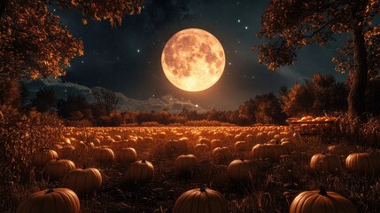 Wall Mural - A field of pumpkins is illuminated by the light of the full moon