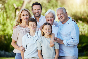 Poster - Portrait, happy big family and generations outdoor on holiday together for support, bonding or love. Face, mother and father with children, grandparents and people in nature with siblings on vacation