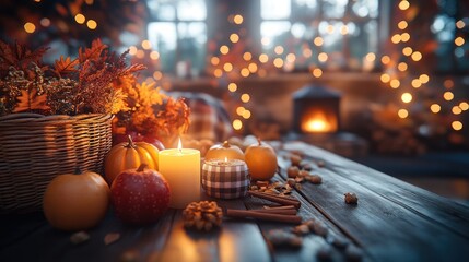 A table is decorated with a basket of apples, candles, and pumpkins