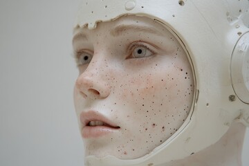 Canvas Print - Immersive reality predictive algorithms augmented reality machine vision and synthetic cognition close up of a humanoid robot with freckles symbolizing human ai emotional connection