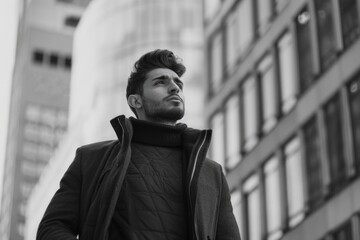 Wall Mural - A man wearing a black coat and scarf stands in front of a tall building. He looks up at the sky, possibly admiring the view or contemplating something. Concept of solitude and introspection