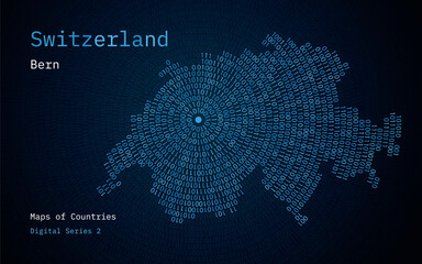 A map of Switzerland depicted in zeros and ones in the form of a circle. The capital, Bern, is shown in the center of the circle
