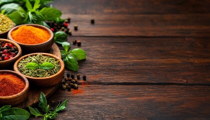 Fresh herbs and spices arranged on a wooden board, minerals, balanced diet