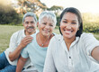 © peopleimages.com - Family, selfie and senior people with picnic in park with bonding, social media and post. Portrait, elderly parents and happy on lawn with love, care and support together with profile picture