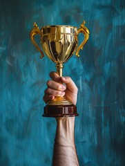a hand holding a gold trophy. the trophy is large and golden, and the hand is holding it up high. co