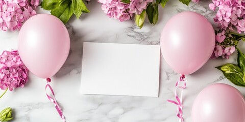 Sticker - Pink balloons and flowers on a white background with a blank card. Concept of celebration and joy, as the pink balloons and flowers are often associated with happy occasions such as birthdays