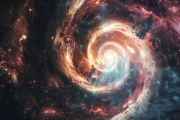 Wall Mural - a spiral galaxy with a bright yellow center. the spiral is surrounded by a dark blue and red swirl