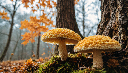 Poster - Champignons dorés sous les arbres d'automne