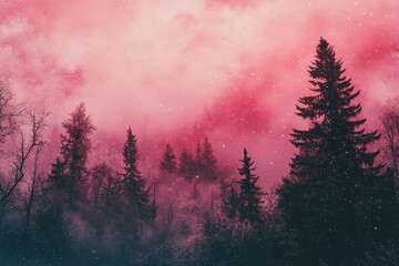 Poster - a pink sky with trees in the foreground